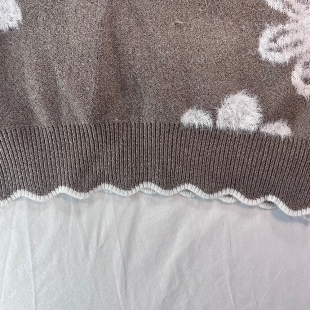 Womens Floral Daisy Scalloped V-Neck Knit Sweater Taupe Brown White Large - Picture 5 of 11